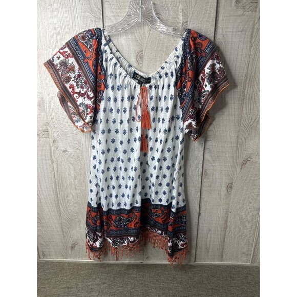 Womens Small Bohemian Style Short Sleeve Tunic Top With Tassels & Fringe Hem - Picture 1 of 7